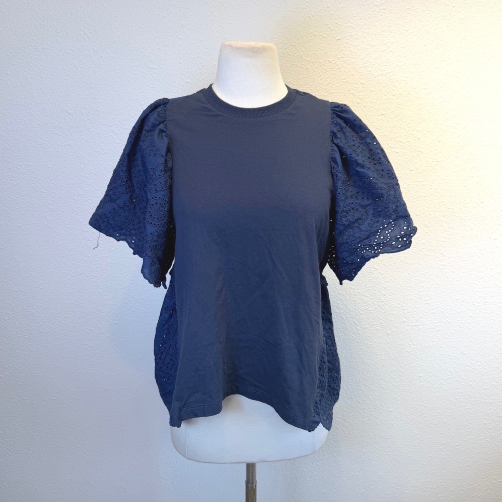 NWT Pomander Place Navy Blue Puff Sleeve Eyelet Lace Blouse Womens XS Old Money
